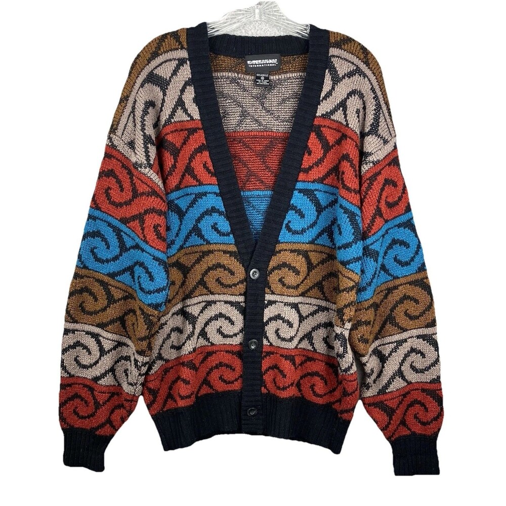 VTG 90s Expressions Grandpa Cardigan Sweater M Psychedelic Wave Scroll Colorful